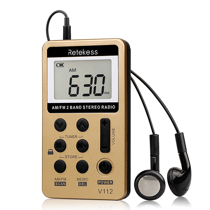 Retekess V-112 Gold Portable AM FM Stereo Radio with Earphones Pocket Mini Digital Tuning Rechargeable Battery Operated Radio LCD Display Radio for Walk