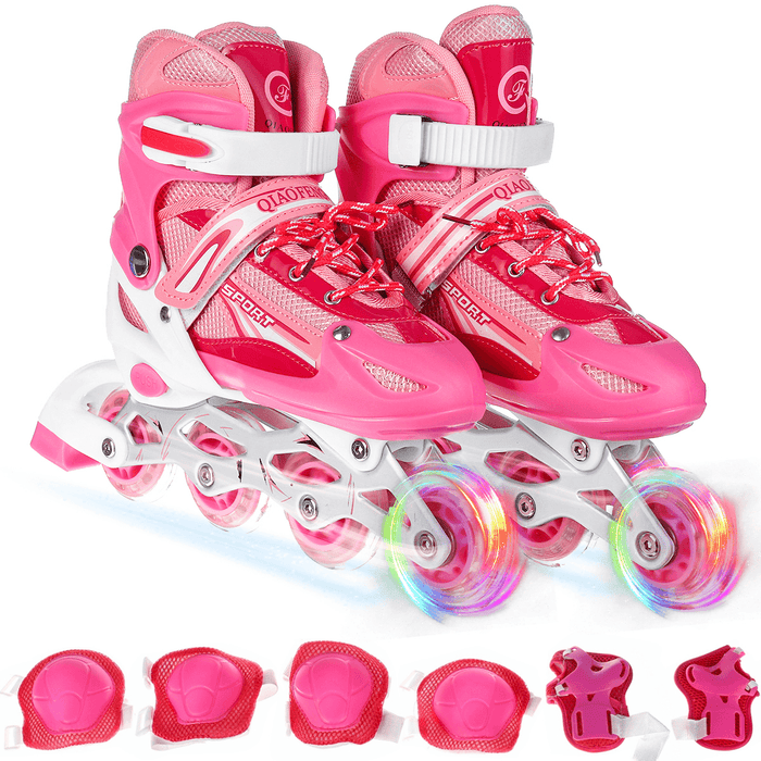 Professional Adjustable Inline Skates Sneakers Roller Blades with 1 Flashing Wheel Protective Gear Set for Kids Teen Adult