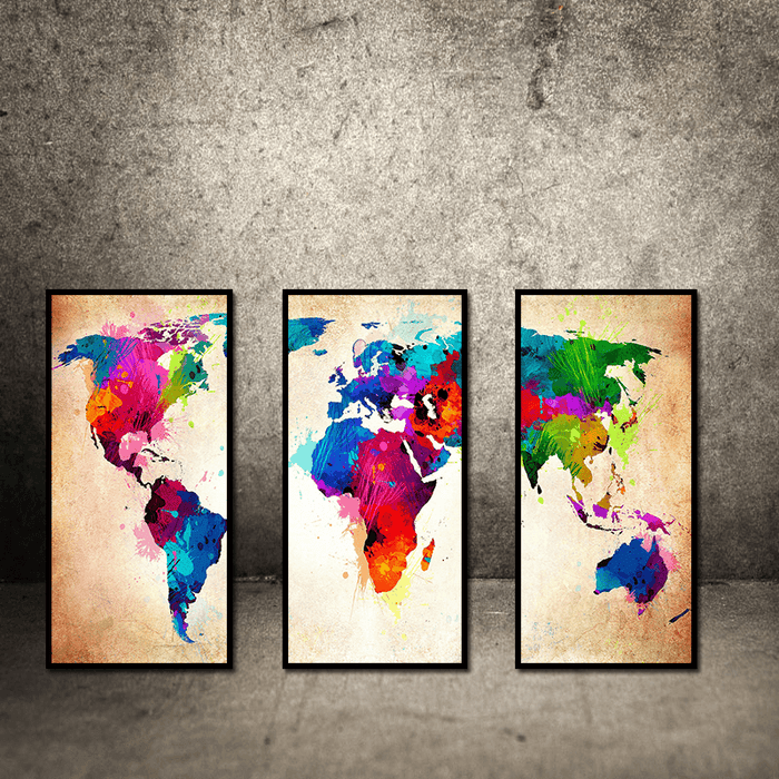 Miico Hand Painted Three Combination Decorative Paintings Colorful World Map Wall Art for Home Decoration