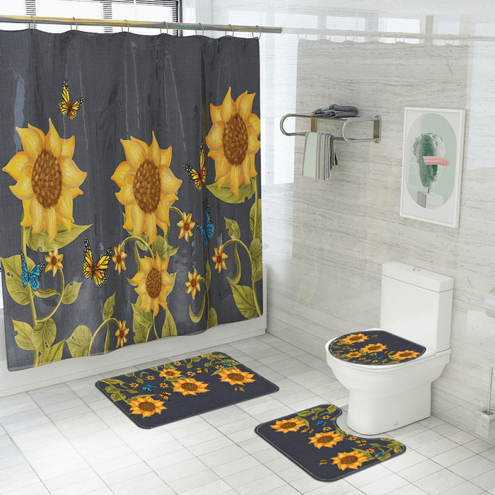 Sunflower Style Waterproof Toilet Seat Cover Shower Curtain Non Slip Rug