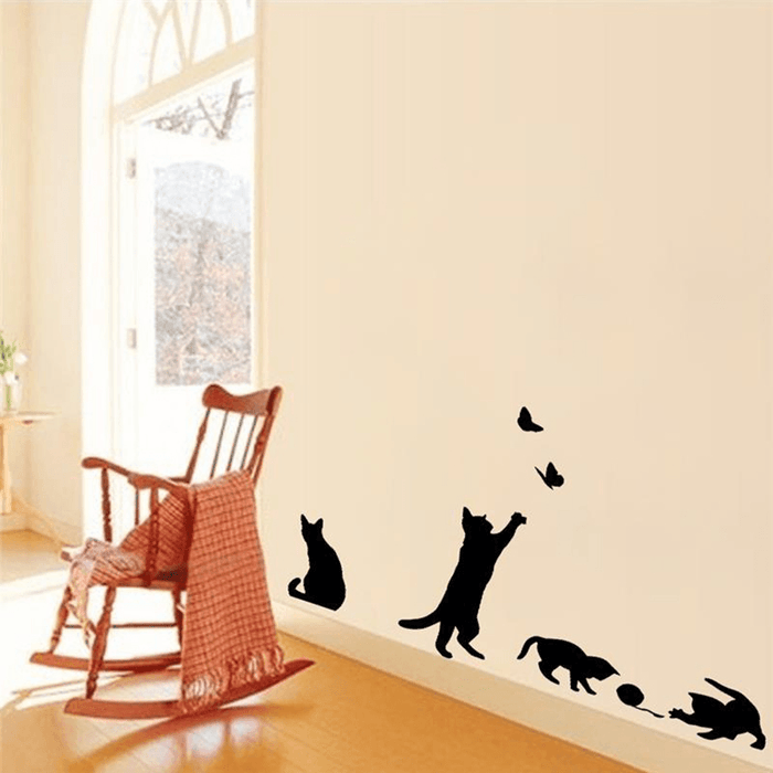 Removable Cat Play Butterflies Wall Sticker for Bedroom, Kitchen, and Living Room Decor