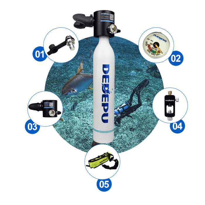 DEDEEP 0.5L Scuba Diving Tank with Snorkel Mask Double Tube Snorkel Mask 360 ° Rotation Mini Portable Swimming Luminous Waterproof Table Equipment