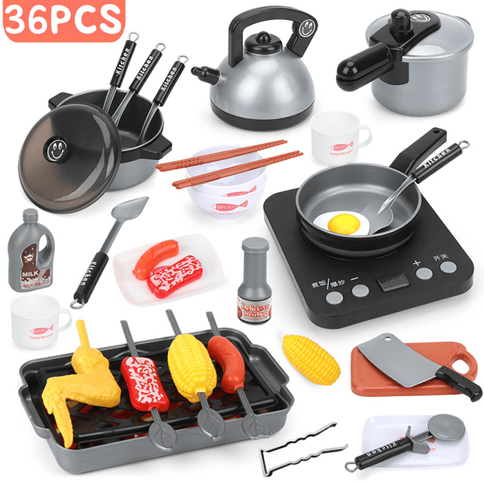 10/15/28/36/44Pcs Kids Kitchen Pretend Play Toys Cookware Toys with Pots and Pans for Toddlers Girls Boys Cooking Playset Toys for Kids Kitchen Playset Accessories