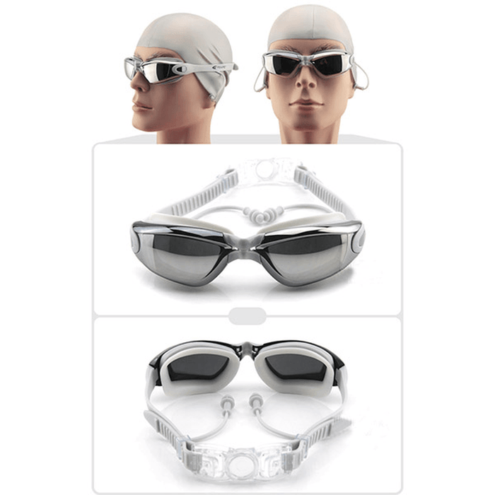 Swimming Goggles with Earplug Waterproof anti Fog Mirrored Large Frame HD Goggles for Men Women