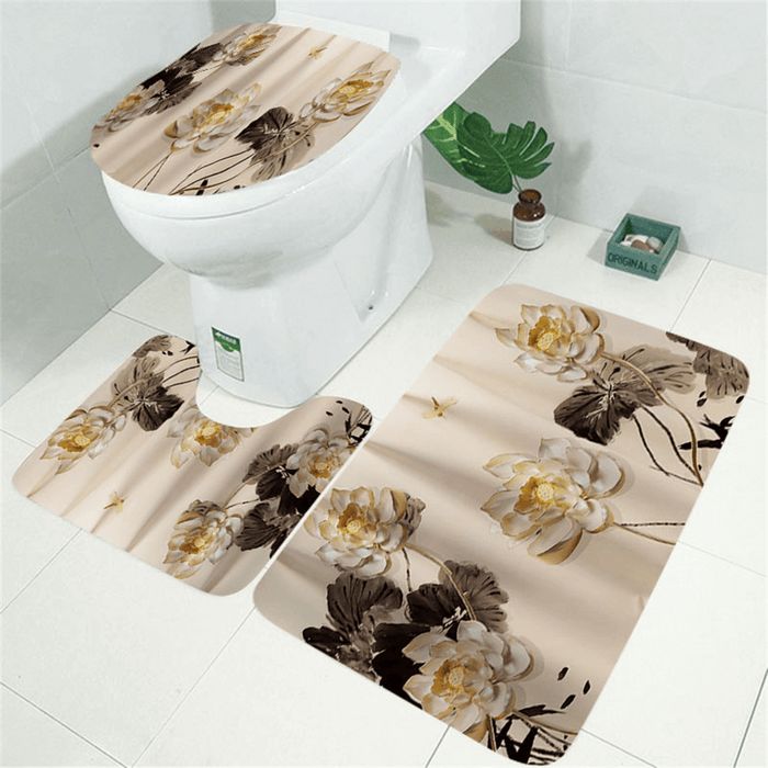 Printing Plum Blossom Shower Curtain Set Waterproof Odorless Anti-Slip Bath Mat Set