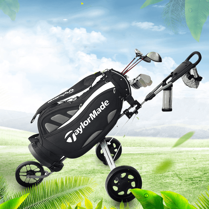 DOMINANT Professional Golf Three Wheeled Trolley Foldable Golf Push Bag Cart Outdoor Sports Golf Pitch Tool Supplies with Umbrella and Tee Holder Quick Open and Close Golf Pull Cart