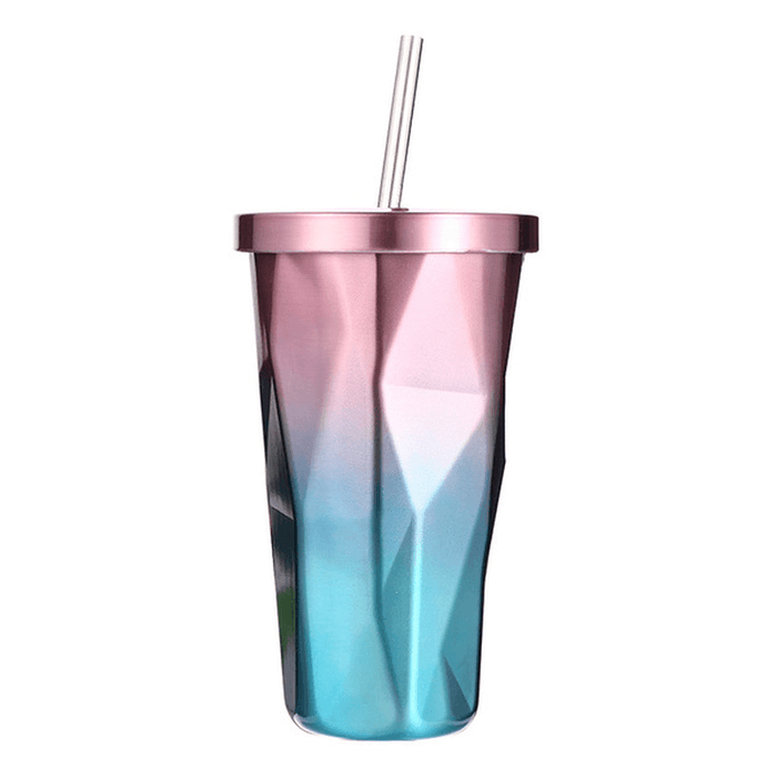 473L Stainless Steel Cups Gradient Color Diamond Double Wall Travel Water Bottles with Straw