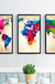 Miico Hand Painted Three Combination Decorative Paintings Colorful World Map Wall Art for Home Decoration