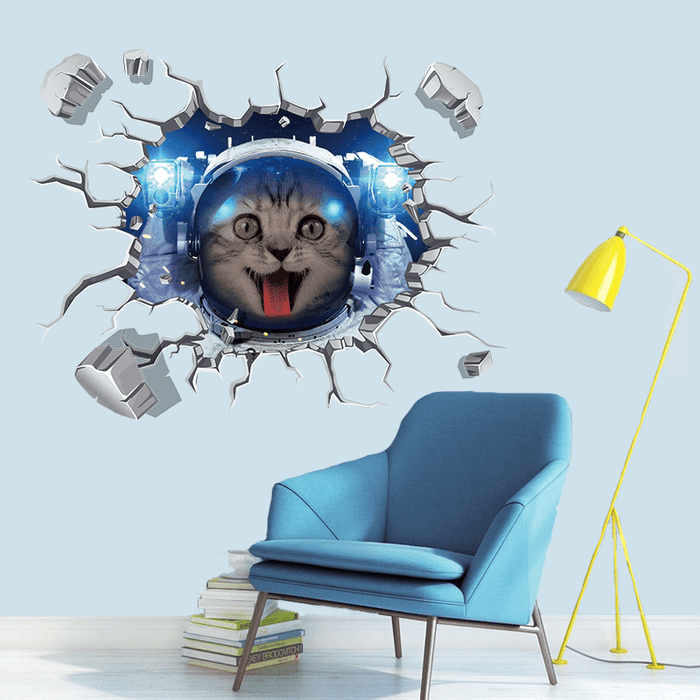 Miico Creative 3D Space Astronaut Cat Broken Wall PVC Removable Home Room Decorative Wall Floor Decor Sticker