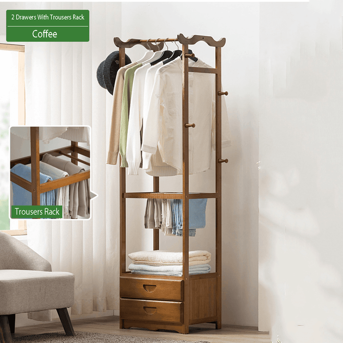 8 Hook Coat Rack 2/3 Drawer Bamboo Wooden Hanging Stand Cloth Trousers Hanger Home Office Storage