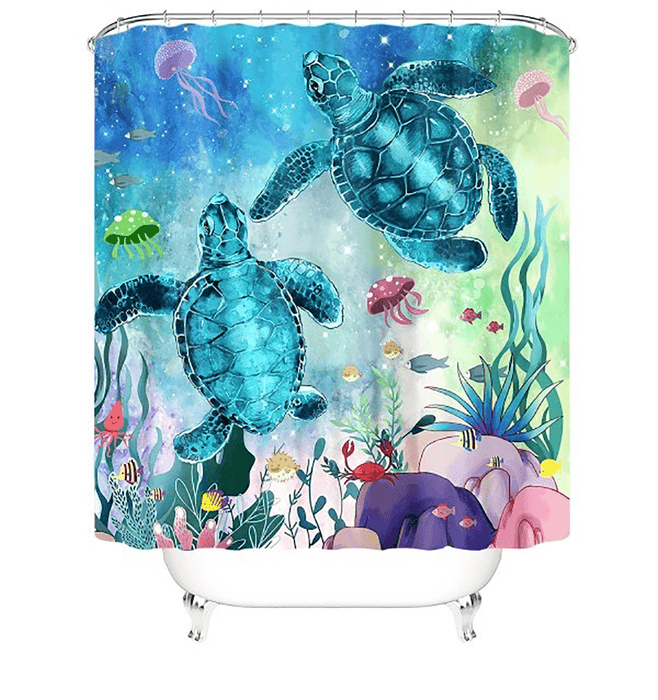 Blue Sea Turtle Shower Curtain 12 Hooks Bathroom Mat Toilet Cover Rug Decor