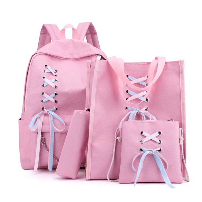 4Pcs/Set Canvas Backpack Rucksack Teenage Girls School Bag Handbag Outdoor Travel