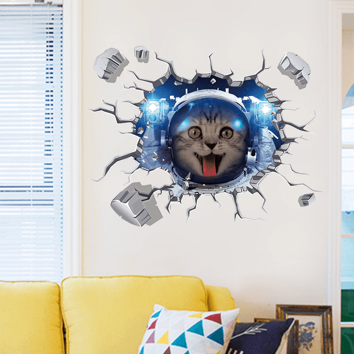 Miico Creative 3D Space Astronaut Cat Broken Wall PVC Removable Home Room Decorative Wall Floor Decor Sticker