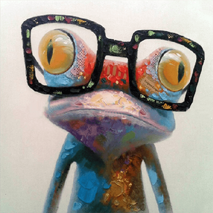 Miico Hand Painted Oil Paintings Animal Modern Art Happy Frog with Glasses on Canvas Wall Art for Home Decoration 30X30Cm