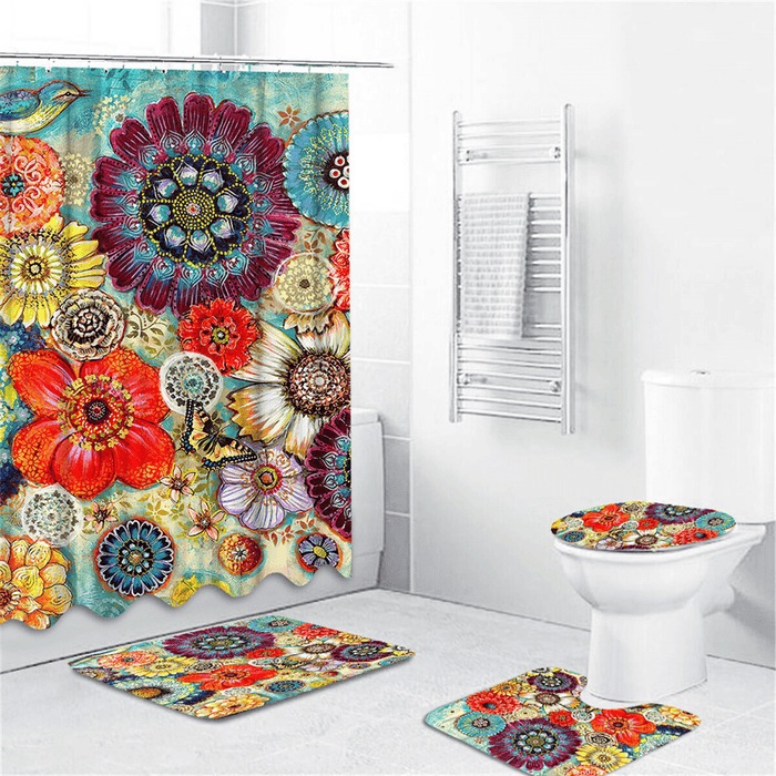 180Cmx180Cm Colorful Flowers Shower Curtain Set Durable Waterproof Shower Mat Set