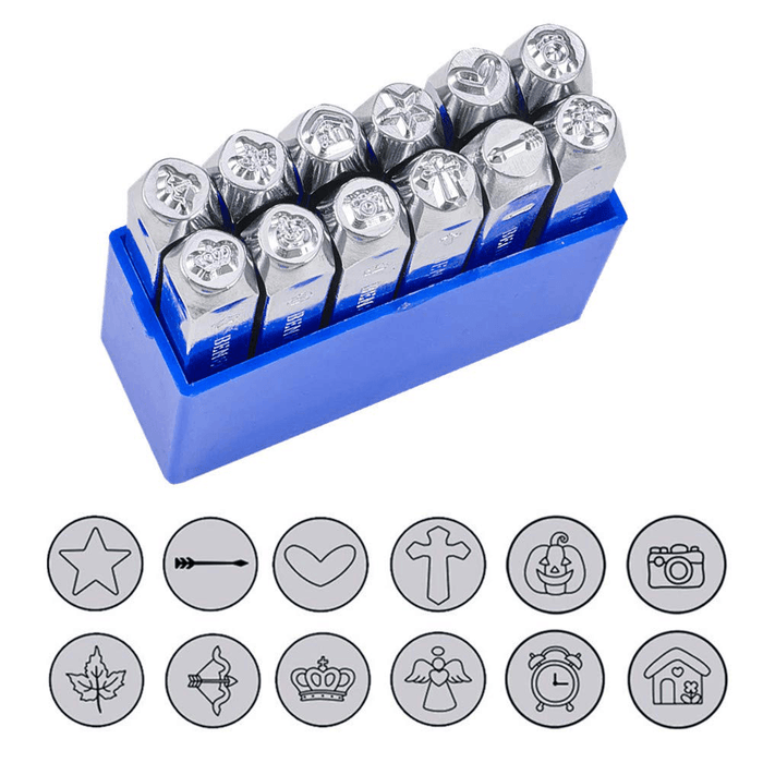 BENECREAT 12 PCS (6Mm 1/4") Metal Design Stamps Punch Stamping Tool Electroplated Hard Carbon Steel Tools Stamp/Punch Metal Jewelry Leather Craft Tool