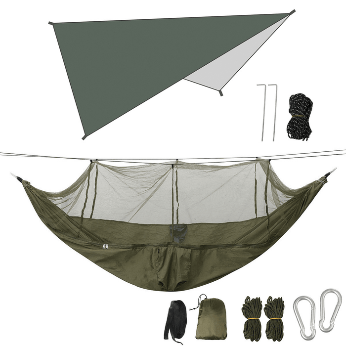 Double Person Camping Hammock with Mosquito Net + Awning Outdoor Hiking Travel Hanging Hammock Set Bearable 300Kg