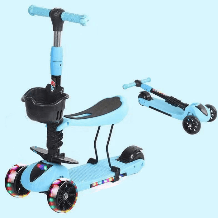 2-In-1 Folding Kids Scooter with Seat Saddle Toddlers Walker Children Bicycle with Flashing Wheels for 3-6 Years Old