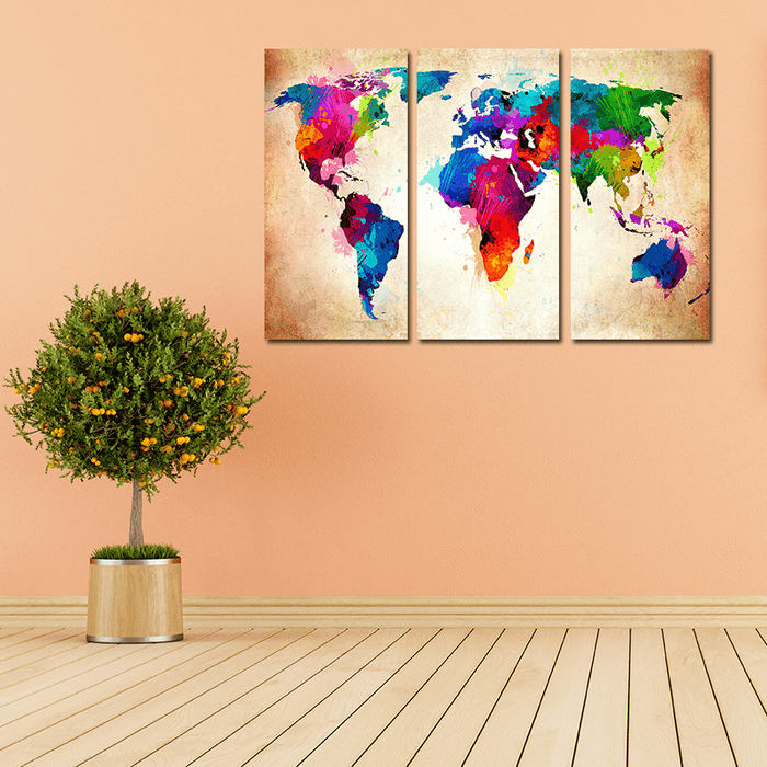 Miico Hand Painted Three Combination Decorative Paintings Colorful World Map Wall Art for Home Decoration