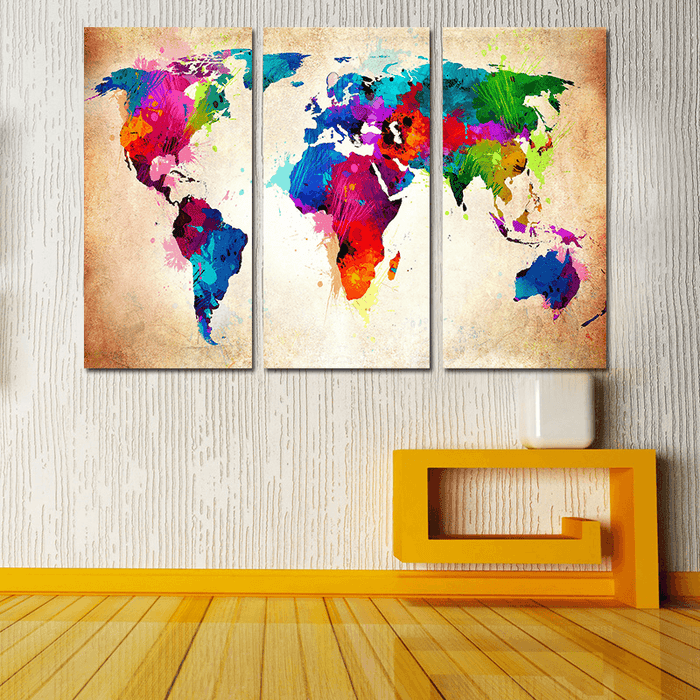 Miico Hand Painted Three Combination Decorative Paintings Colorful World Map Wall Art for Home Decoration