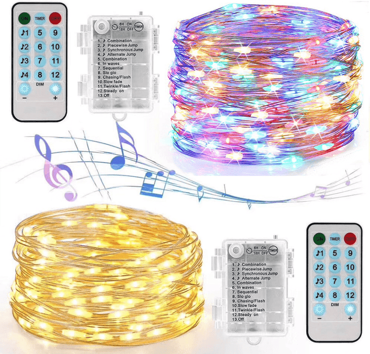 YOZATIA 50/100Leds 32.8Ft Christmas Decorative LED String Lights Sound Activated Music 12 Modes Waterproof Silver Wire Multicolor USB Powered Fairy Lights with Remote Control for Home Party Birthday Wedding Decor