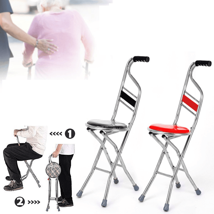 Multipurpose 2 in 1 Ergonomic Design Folding Walking Stick Stool Stainless Steel Walking Chair for the Elderly