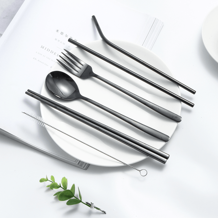 Stainless Steel Metal Drinking Straw Spoon Set Reusable Straws Fork Chopsticks Brush Kit