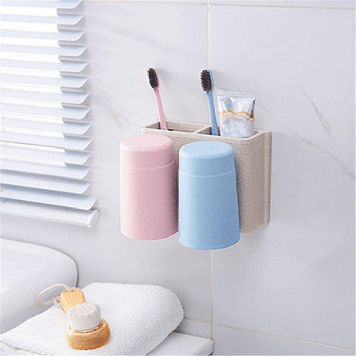 Multifunctional Wheat Straw 6 Toothbrushes Holder 2 Cups Suction Stand Home Bathroom Wall Mount