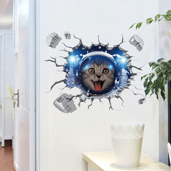 Miico Creative 3D Space Astronaut Cat Broken Wall PVC Removable Home Room Decorative Wall Floor Decor Sticker