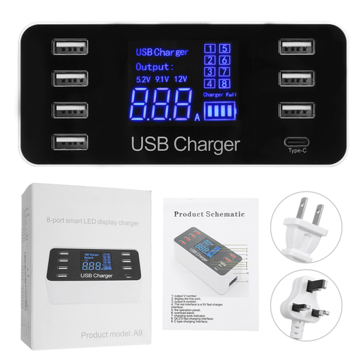 8 Multi-Port USB Adapter LCD Display Desktop Wall Charger Smart Quick Charging Station