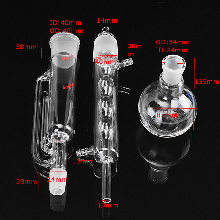 250Ml 24/40 Allihn Condenser Flat Bottom Flask and 40/38 Soxhlet Extraction Glassware