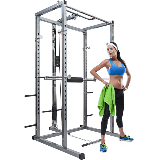 [US Direct] BOMINFIT Multi-Function Power Cage Power Tower 17.5-68'' High Adjustable Dipping Station Barbell Stand Squat Cage for Weight Training Max Loading 800Lbs