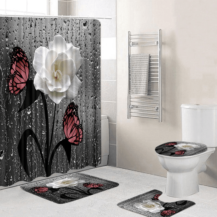 Butterfly Flower Shower Curtain Set Waterproof Polyester Bathroom Mat Set