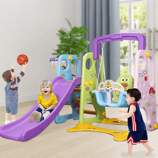 3 in 1 Kids Indoor Outdoor Play Slide Swing with Safety Backrest Basketball Hoop Ladder Climber Set Toys for Children Kids