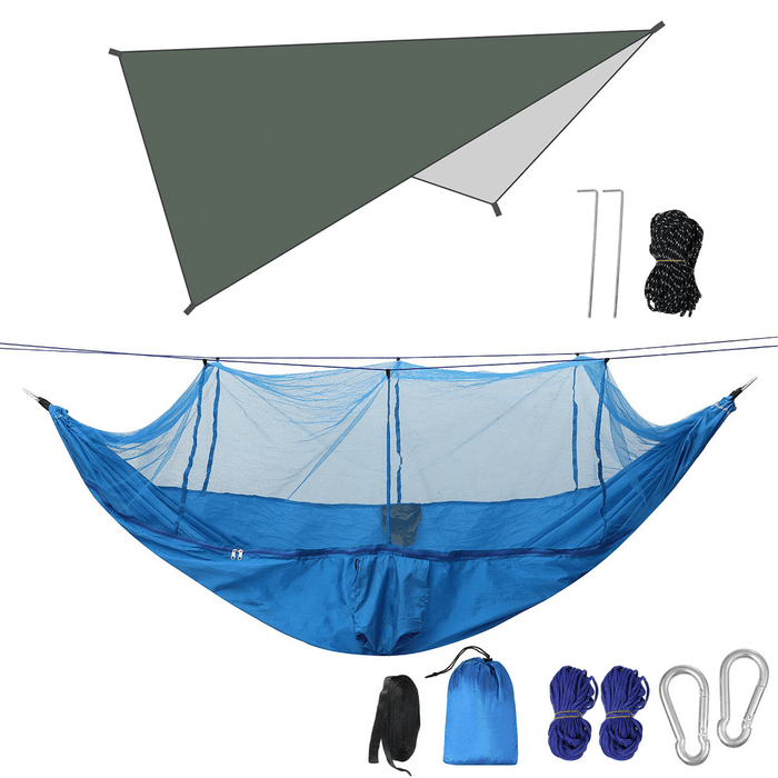 Double Person Camping Hammock with Mosquito Net + Awning Outdoor Hiking Travel Hanging Hammock Set Bearable 300Kg