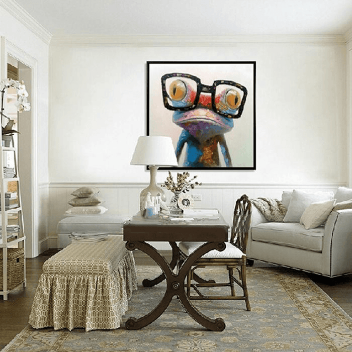 Miico Hand Painted Oil Paintings Animal Modern Art Happy Frog with Glasses on Canvas Wall Art for Home Decoration 30X30Cm