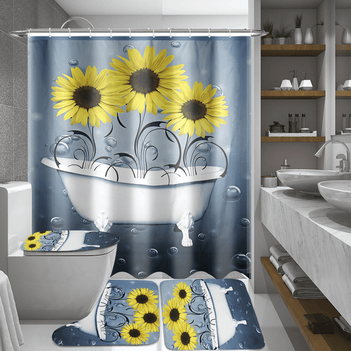 Sunflower Shower Curtain Non-Slip with Free Hooks Waterproof Fabric Bathroom Set