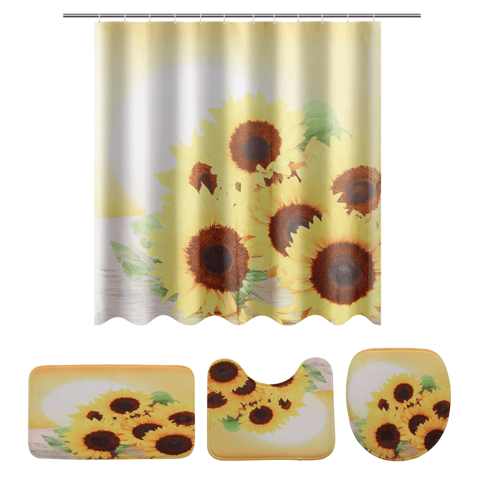 Sunflower Waterproof Shower Curtain Toilet Lid Cover Bathroom Non-Slip Mat Set