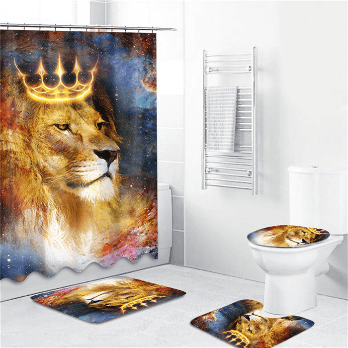180Cmx180Cm Crown Lion Shower Curtain Set Waterproof Shower Mat Set