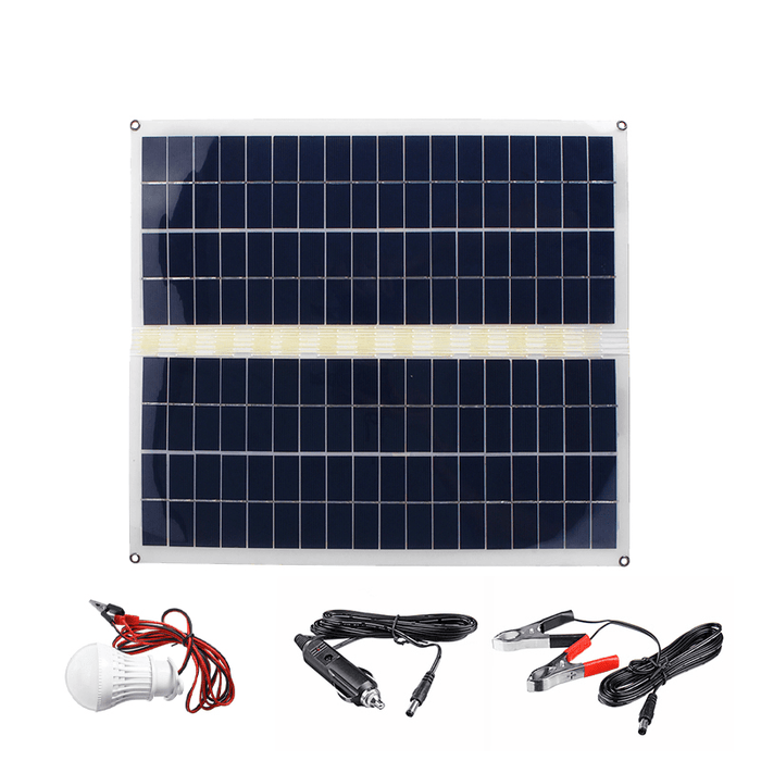 30W Dual USB+DC 12V/5V Folding Solar Power Panel System+Car Charger+Alligator Clip+Camping Light Bulb