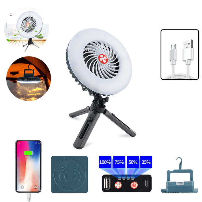 Ipree® 2-In-1 Tent Fan Light Magnetic 2 Modes Camping Light 3 Modes Hanging Hook Cooling Fan Emergency Power Bank for Hiking Travel