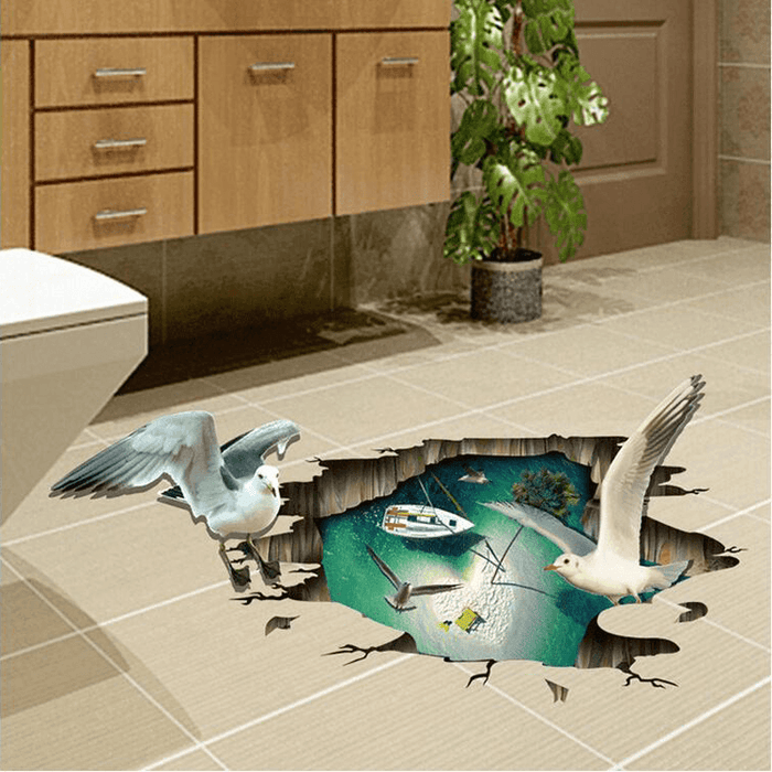Miico Creative 3D Sea Gulls Birds Sea Island PVC Removable Home Room Floor Decor Sticker