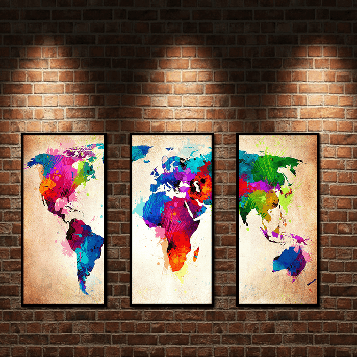 Miico Hand Painted Three Combination Decorative Paintings Colorful World Map Wall Art for Home Decoration