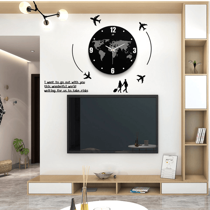 World Map Wall Clock Modern Travel around Density Fibreboard Record Home Kitchen