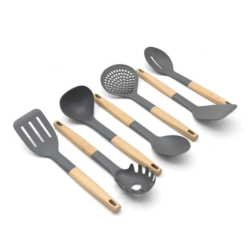 7 Pcs Wooden Handle Silicone Kitchenware Outdoor Camping Tableware Portable Multi Cooking Tools