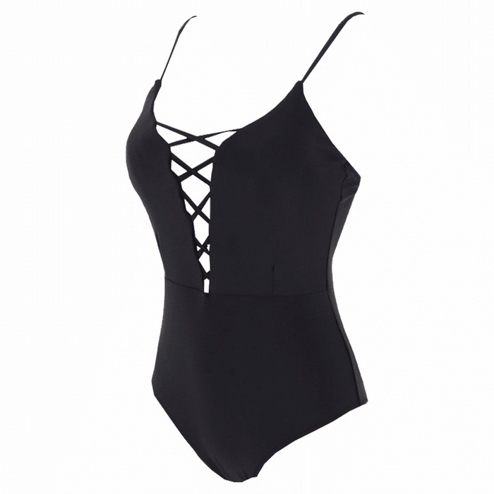 One Piece Swimsuit Nylon Summer Beach Solid Color Low-Necked Belt Sexy Swimwear Women Body