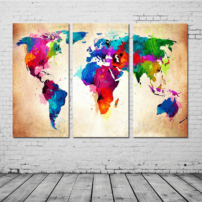 Miico Hand Painted Three Combination Decorative Paintings Colorful World Map Wall Art for Home Decoration