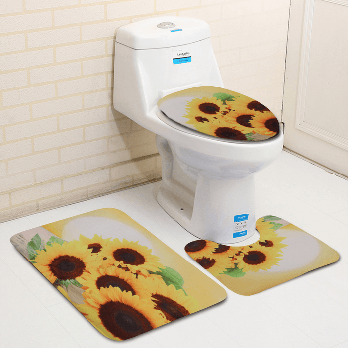 Sunflower Waterproof Shower Curtain Toilet Lid Cover Bathroom Non-Slip Mat Set