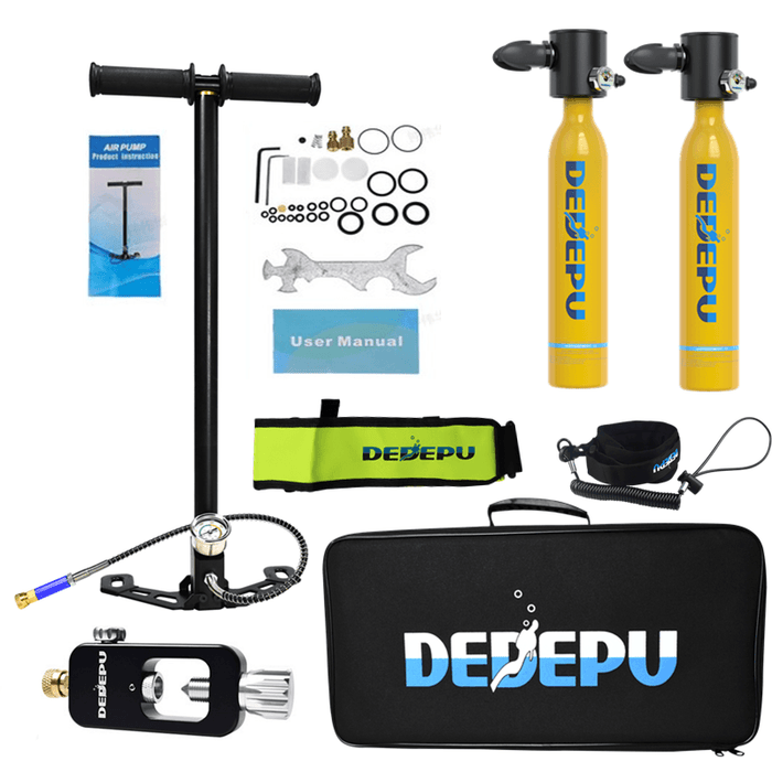 2X0.5L Yellow DEDEPU Scuba Diving Tank Mini Scuba Tank Air Oxygen Cylinder Underwater Diving Set with Adapter & Storage Box Diving Set Equipment 11 in 1