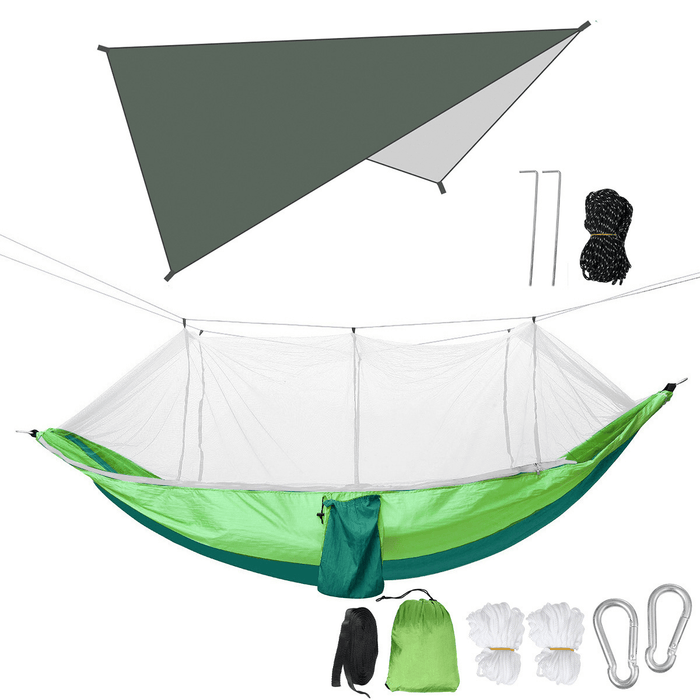 Double Person Camping Hammock with Mosquito Net + Awning Outdoor Hiking Travel Hanging Hammock Set Bearable 300Kg